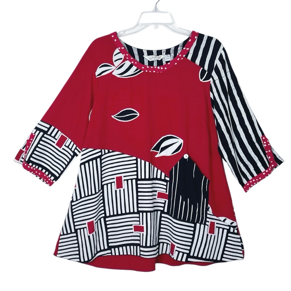 Lyng Lagenlook Patchwork Art to Wear Swing Top S Red Black Multi Print Oversize